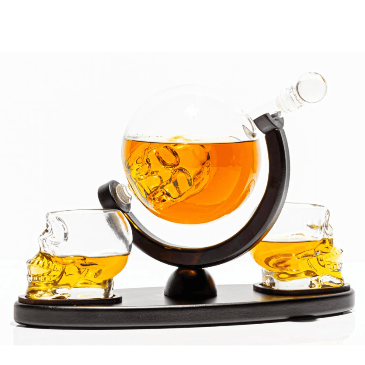 Don Vassie skull decanter set with 2 glasses and mahogany base