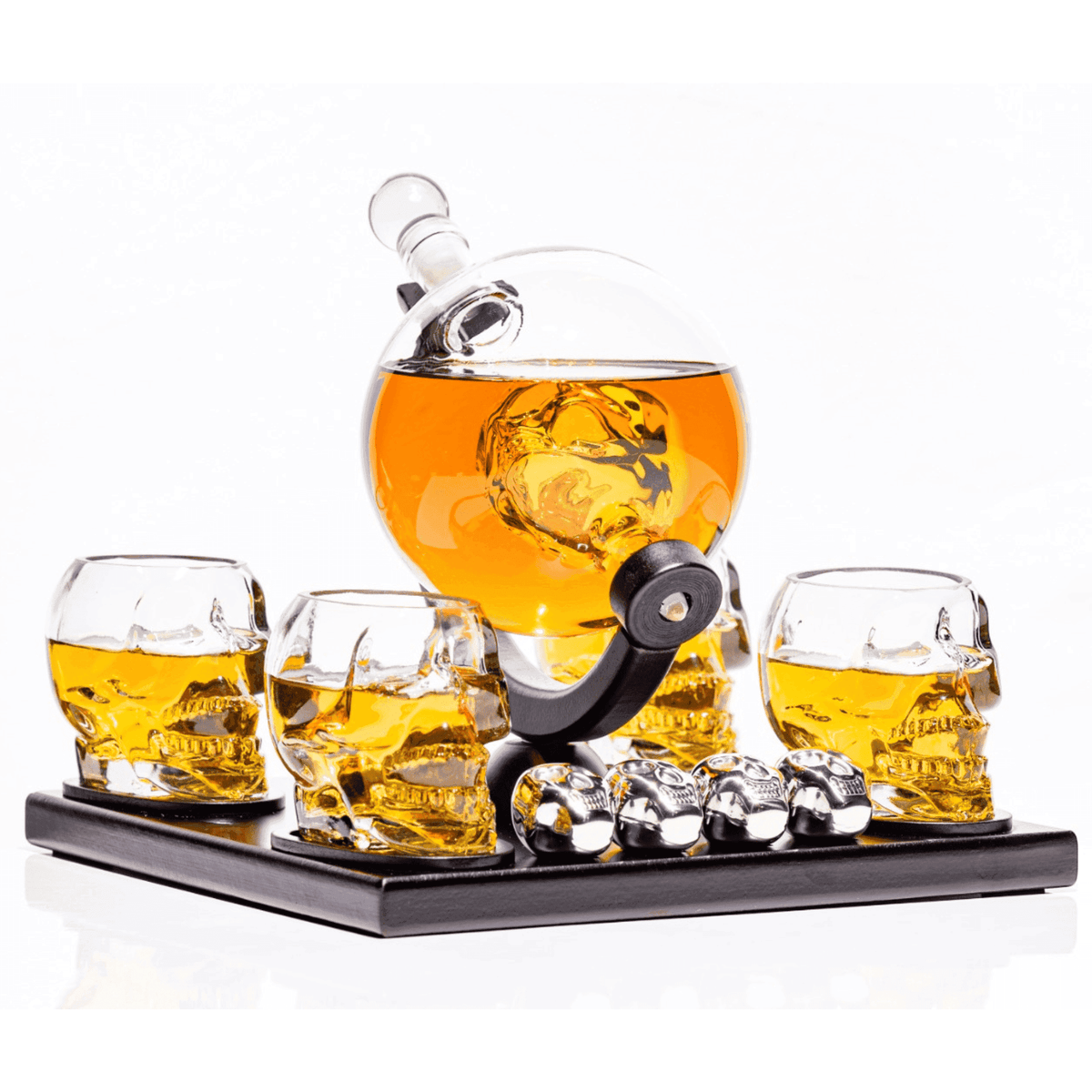 Don Vassie Skull Globe Decanter Set with 4 skull shot glasses+4 stainless steel skull stones