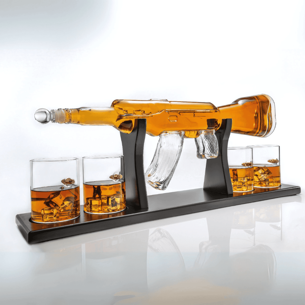 Limited Edition 800ml Elegant Rifle Gun Whiskey Decanter with 4 Bullet Whiskey Glasses and Mahogany Wooden Base