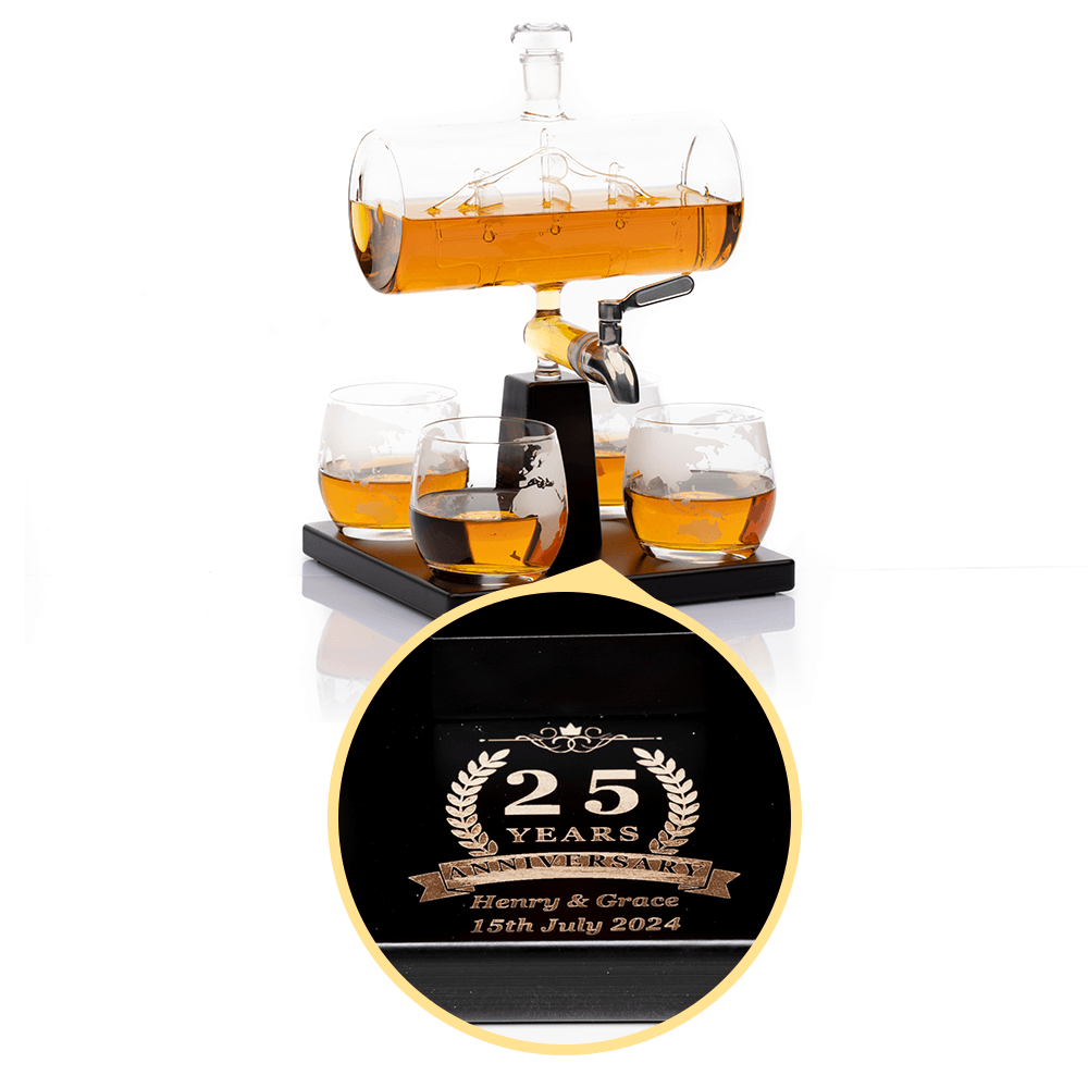 Custom Engraved Don Vassie Sailboat Decanter 1000ml with Antique Ship and 4 Etched Globe Glasses