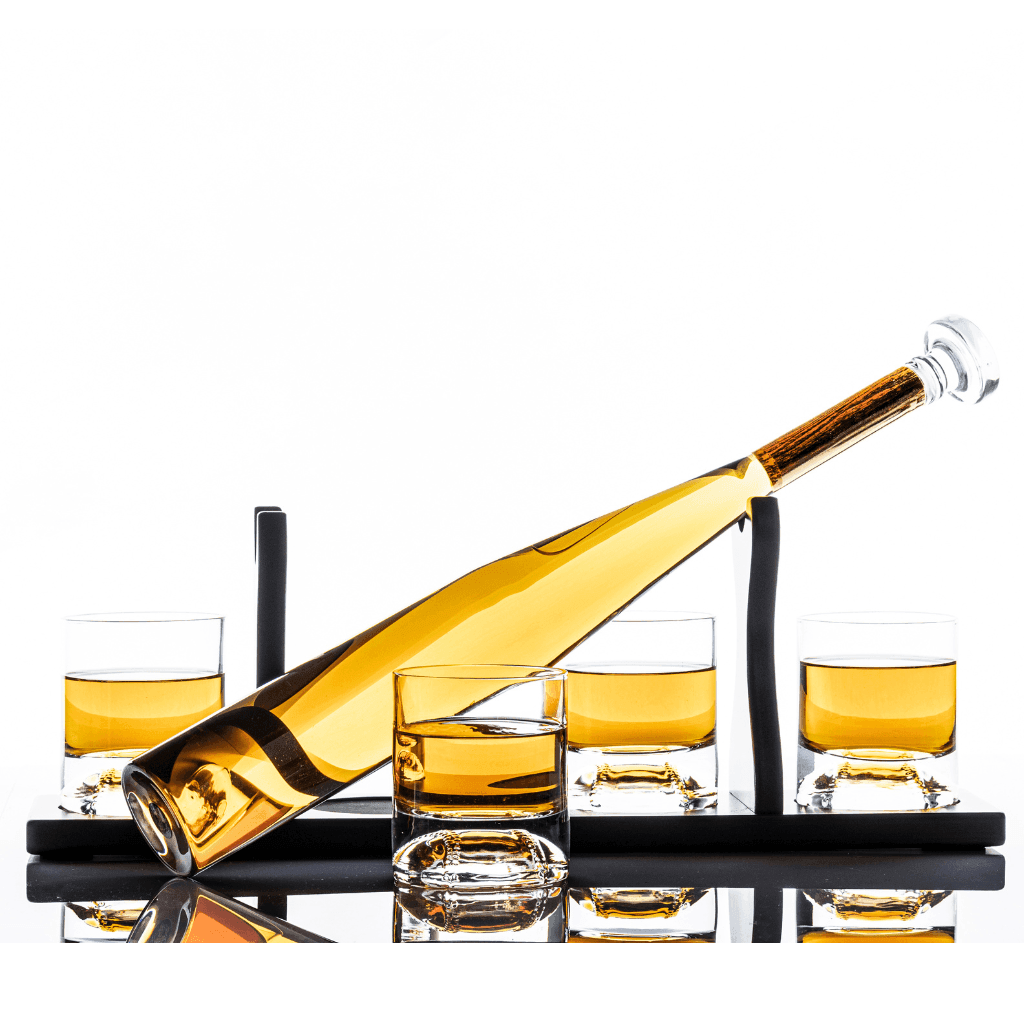 Custom Engraved Baseball Bat Decanter with 4 Baseball Whisky Glasses and Mahogany Wooden Base