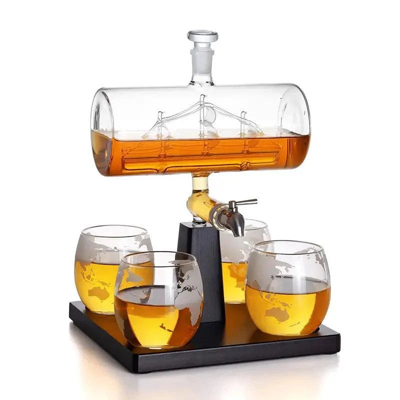Don Vassie Sailboat Decanter 1000ml with Antique Ship and 4 Etched Globe Glasses